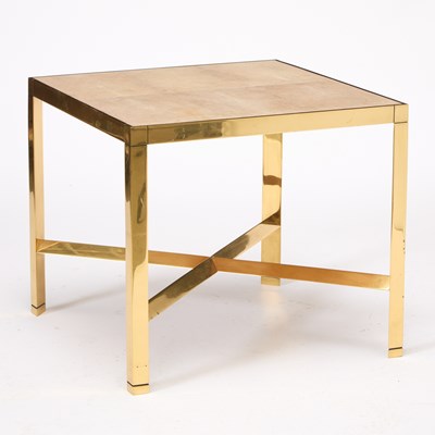 Lot 130 - Karl Springer Style Brass and Shagreen Triangular Leg Brass End Table