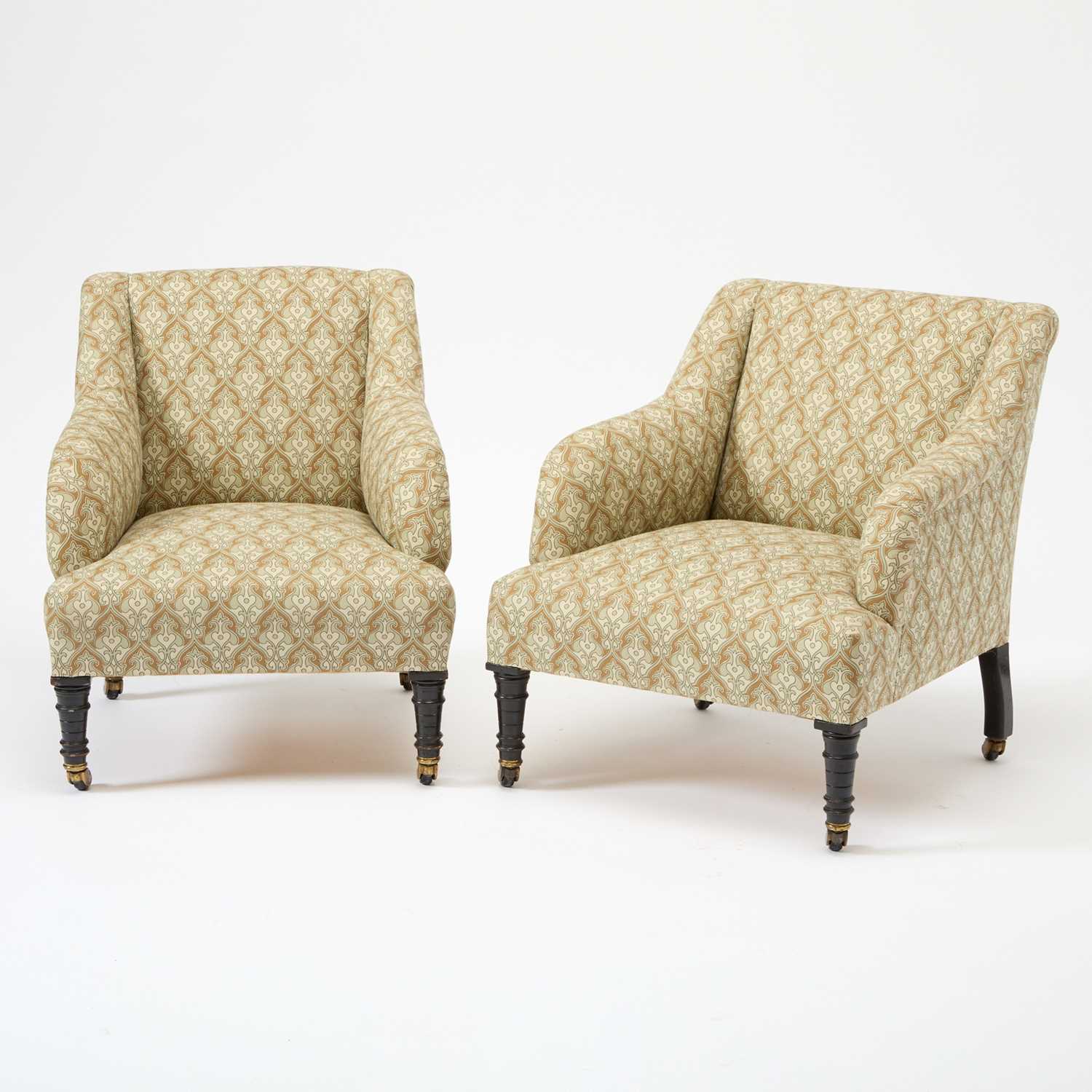Lot 132 - Pair of Upholstered Ebonized Slipper Chairs