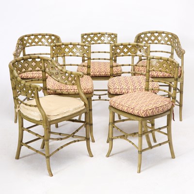 Lot 144 - Set of Seven Regency Style Green Painted Faux Bamboo Chairs