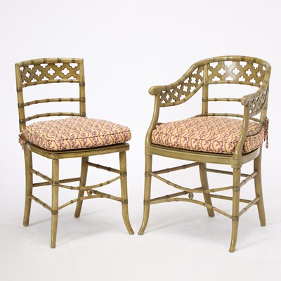 Lot 144 - Set of Seven Regency Style Green Painted Faux Bamboo Chairs