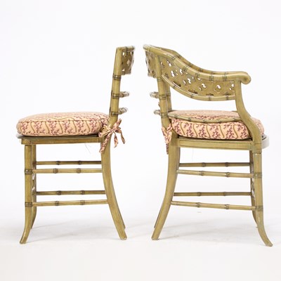 Lot 144 - Set of Seven Regency Style Green Painted Faux Bamboo Chairs
