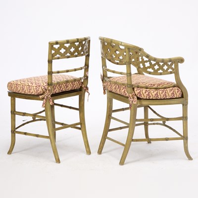 Lot 144 - Set of Seven Regency Style Green Painted Faux Bamboo Chairs