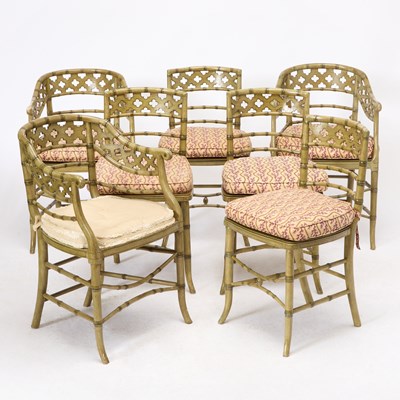 Lot 144 - Set of Seven Regency Style Green Painted Faux Bamboo Chairs