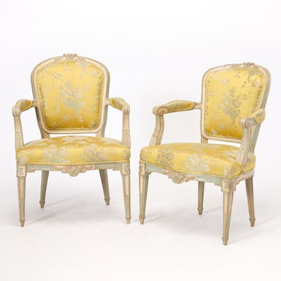 Lot 146 - Pair of Louis XVI Style Silk Upholstered Painted Fauteuils
