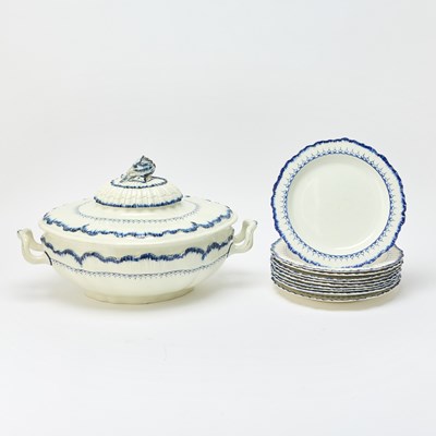 Lot 40 - Wedgwood Blue Feathered Creamware Two-Handled Tureen with Cover and Ten Dinner Plates