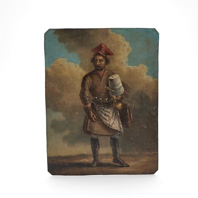 Lot 127 - Russian Painted Metal Plaque Depicting a Sbiten Vendor