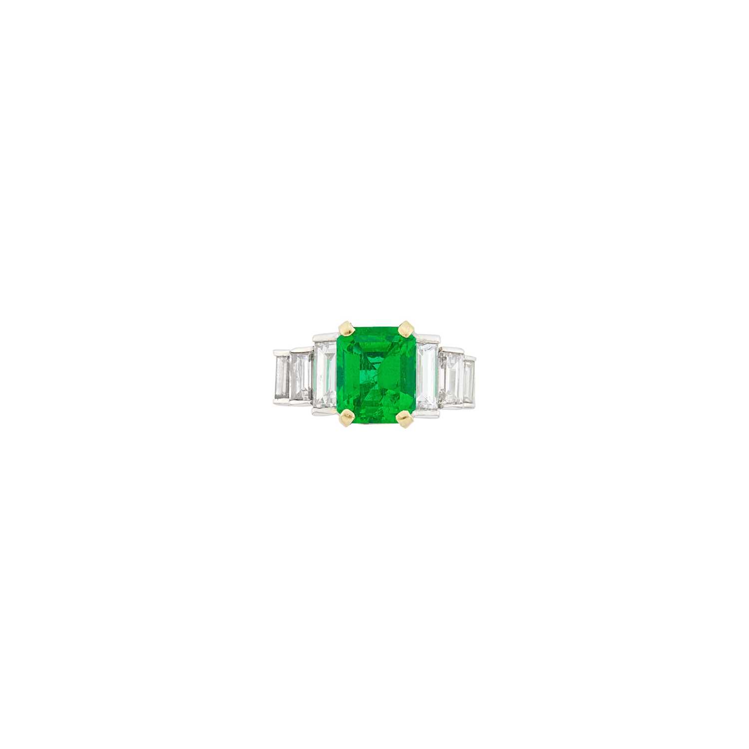 Lot 54 - Two-Color Gold, Emerald and Diamond Ring