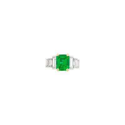 Lot 54 - Two-Color Gold, Emerald and Diamond Ring