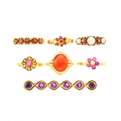 Lot 1138 - Six Gold and Gem-Set Rings and Bar Pin