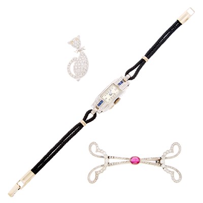Lot 1199 - White Gold and Diamond Cat Pin, J. E. Caldwell & Co. Ruby Barrette and Lady's Wristwatch