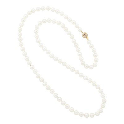 Lot 1098 - Long Cultured Pearl Necklace with Two-Color Gold and Diamond Ball Clasp