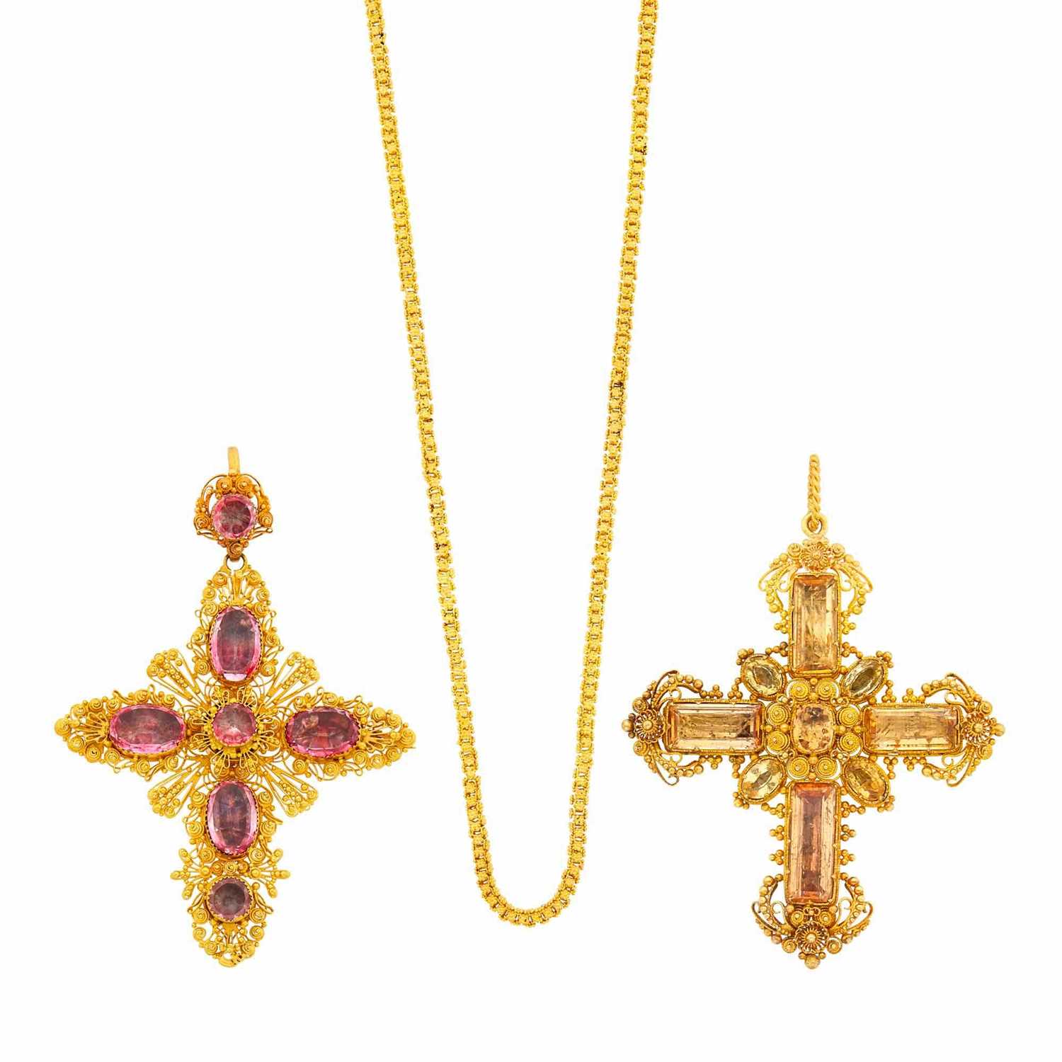Lot 30 - Two Georgian Cannetille Gold and Foil-Backed Pink and Orange Topaz Cross Pendants and Chain Necklace