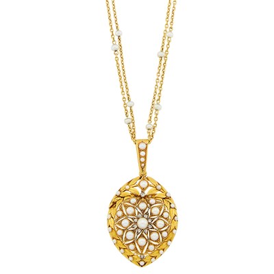 Lot 164 - Antique Gold, Pearl and Diamond Locket with Long Gold and Pearl Chain Necklace
