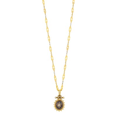 Lot 31 - Antique Gold, Cabochon Garnet, Split Pearl and Diamond Pendant with Gold, Platinum and Diamond Chain Necklace