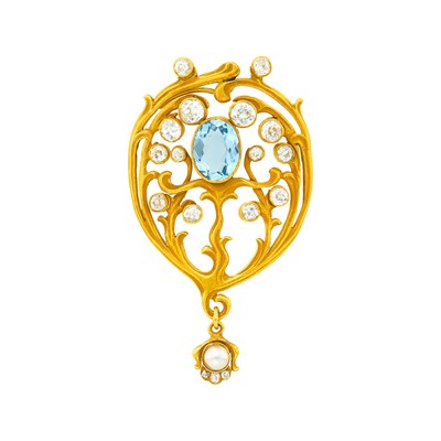 Lot 26 - Art Nouveau Gold, Aquamarine, Diamond and Split Pearl Pendant