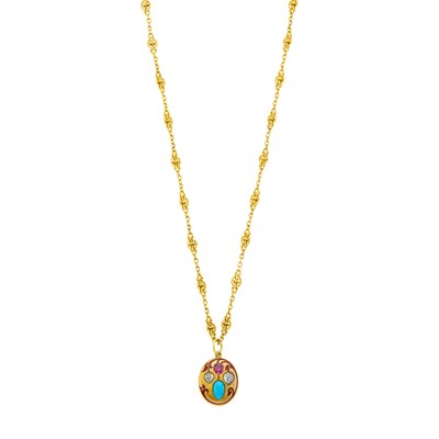 Lot 33 - Antique Gold, Ruby, Turquoise and Diamond Pendant with Chain Necklace