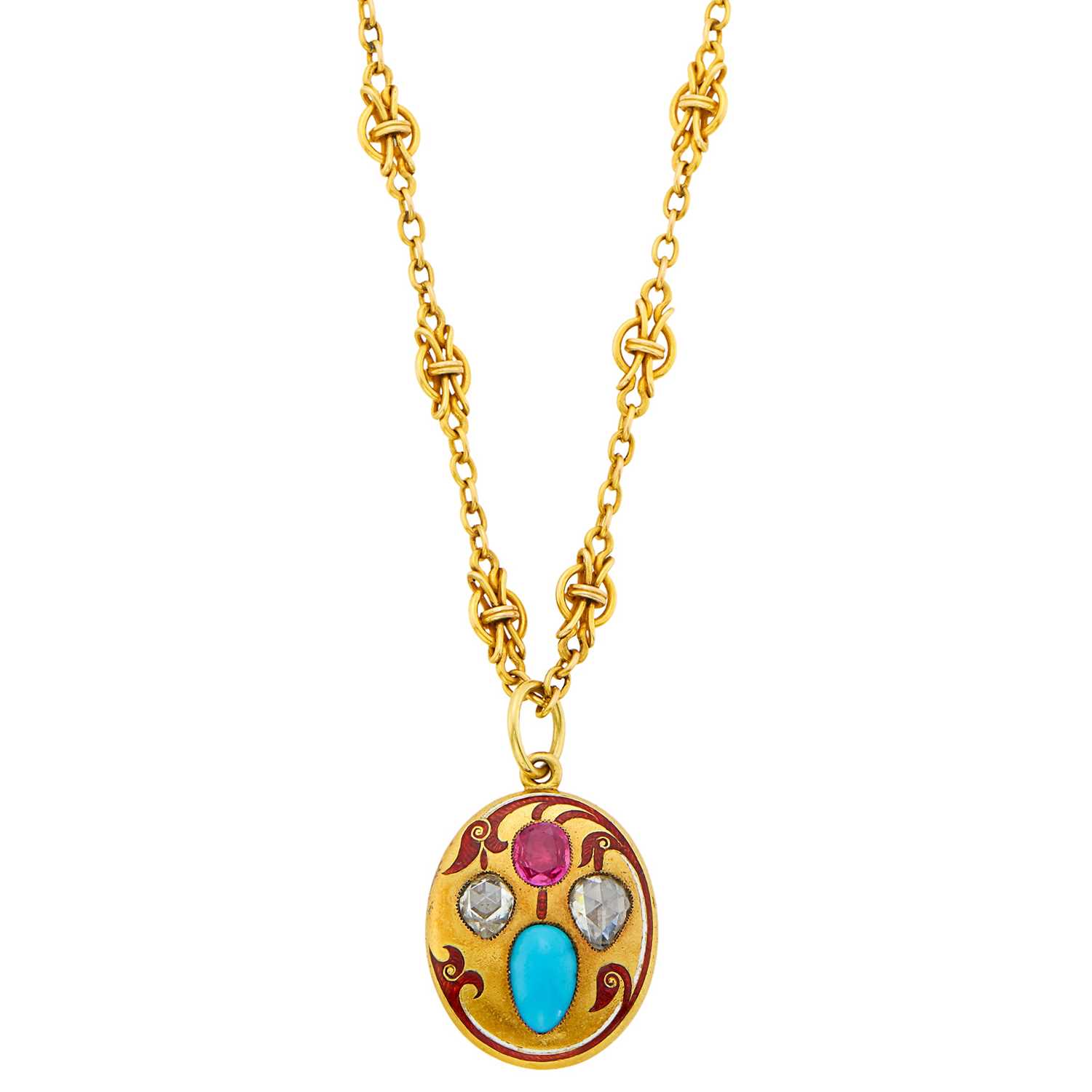 Lot 33 - Antique Gold, Ruby, Turquoise and Diamond Pendant with Chain Necklace