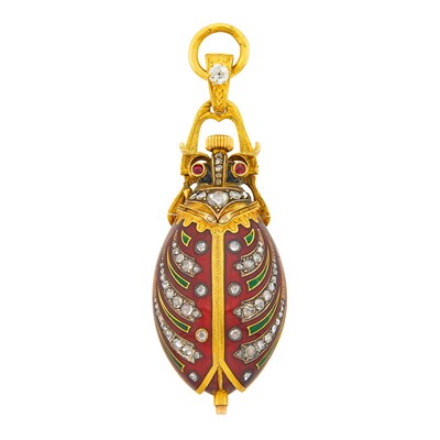 Lot 162 - Antique Gold, Silver, Enamel and Diamond 'Scarabee' Pendant-Watch
