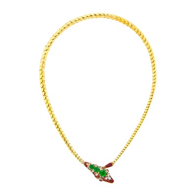 Lot 161 - Antique Gold, Emerald, Diamond and Enamel Snake Necklace