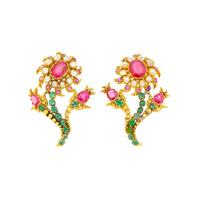Lot 1164 - Pair of Antique Gold, Ruby, Emerald, Amethyst and Diamond Flower Brooches