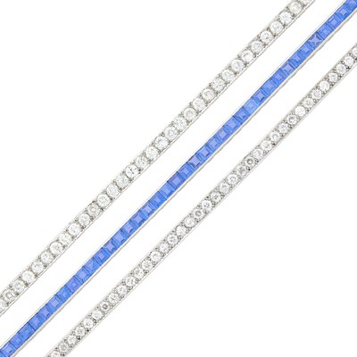 Lot 206 - Three Platinum, Diamond and Sapphire Straightline Bracelets