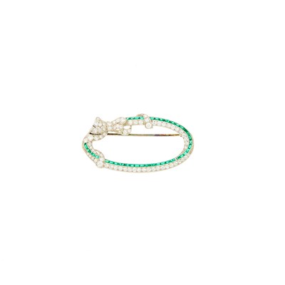 Lot 1103 - Platinum, Diamond and Simulated Emerald Brooch