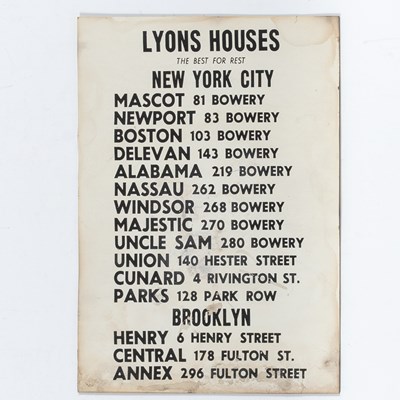 Lot 286 - A rare sign for the Lyons Houses, a chain of flop-houses on the Bowery