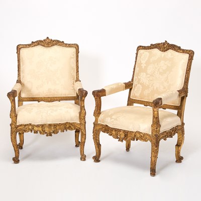 Lot 411 - Pair of Large Régence Style Carved Giltwood Fauteuils a la Reine
