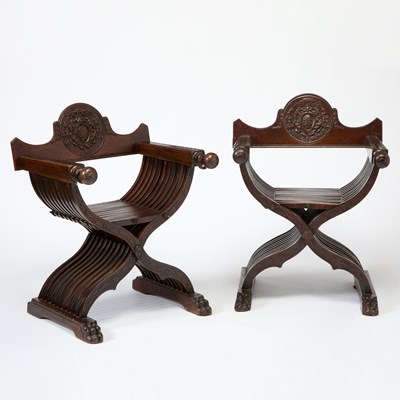 Lot 322 - Pair of Large Italian Renaissance Style Walnut Savonarola Chairs