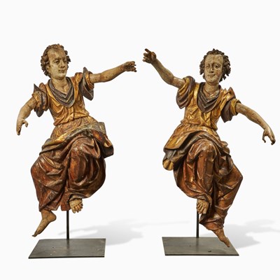 Lot 242 - Pair of South German Baroque Large Polychrome Lindenwood Figures of Angels