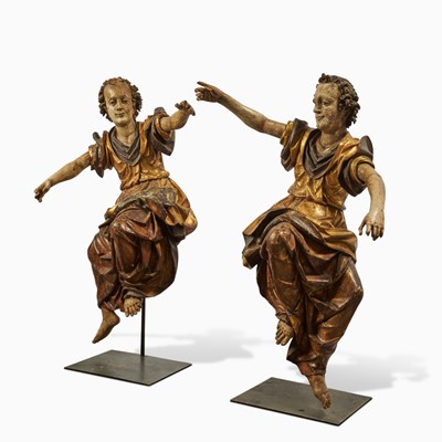 Lot 242 - Pair of South German Baroque Large Polychrome Lindenwood Figures of Angels