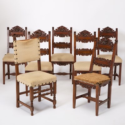 Lot 232 - Assembled Set of Seven Italian Renaissance Style Walnut Dining Chairs