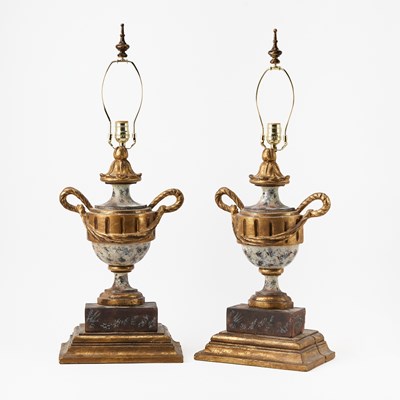 Lot 244 - Pair of Italian Neoclassical Style Parcel Gilt and Painted Wood Table lamps