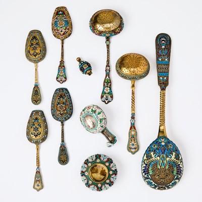 Lot 205 - Group of Ten Russian Style Silver, Cloisonné and Plique-à-Jour Enamel Articles