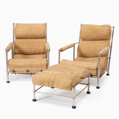 Lot 275 - Pair of Warren McArthur Tubular Metal and Upholstered Lounge Chairs and Ottoman