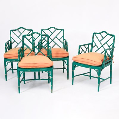 Lot Set of Four Phyllis Morris Green Painted Faux Bamboo Armchairs
