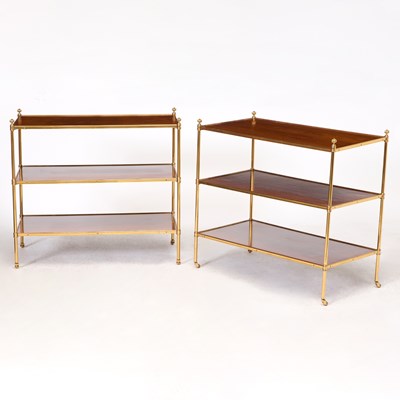 Lot 141 - Pair of Regency Style Gilt-Brass Mounted Mahogany Three-Tier Tables