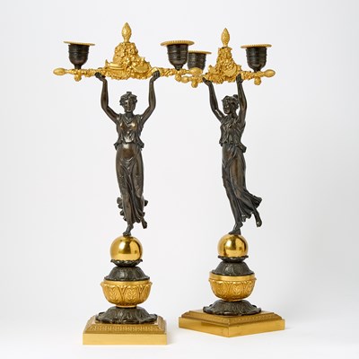 Lot 379 - Pair of Empire Gilt and Patinated Bronze Two-Light Candelabra
