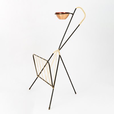 Lot 307 - Manner of Mathieu Matégot Black Enameled Tubular Metal and Cane Ashtray and Magazine Stand