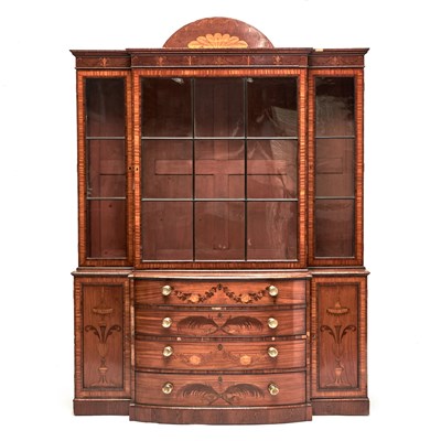 Lot 201 - George III Style Tulipwood-Banded Marquetry Inlaid Satinwood Breakfront Secretary Bookcase