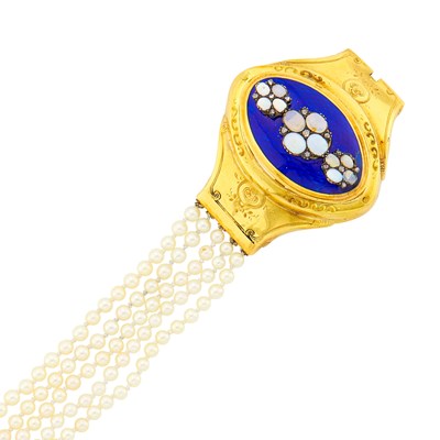 Lot 1332 - Five Strand Cultured Pearl, Gold, Blue Enamel and Opal Bracelet