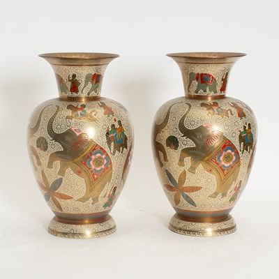 Lot 52 - Pair of Indian Etched and Enameled Brass Vases