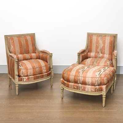 Lot 65 - Pair of Louis XVI Style Gray-Painted Bergères and Matching Ottoman