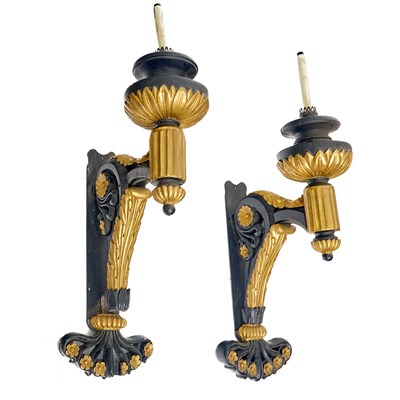 Lot 74 - Pair of Neoclassical Style Parcel-Gilt and Black-Painted Wood Single-Light Wall Sconces