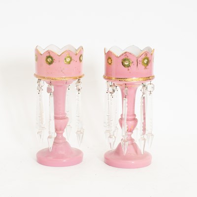 Lot 54 - Pair of Pink Glass Mantle Lusters