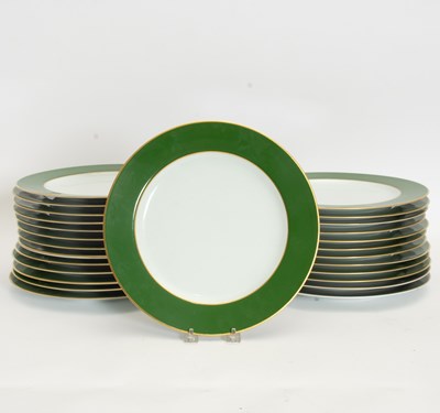 Lot 69 - Set of Bernardaud Limoges Green and Gilt Rimmed Porcelain Dinner Plates