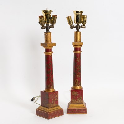 Lot 72 - Pair of Red Lacquered and Parcel Gilt Columnar Form Lamps