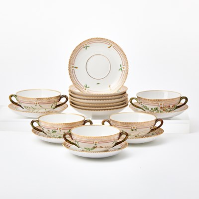 Lot 106 - Set of Twelve Royal Copenhagen Porcelain 'Flora Danica' Pattern Cream Soup Bowls and Saucers