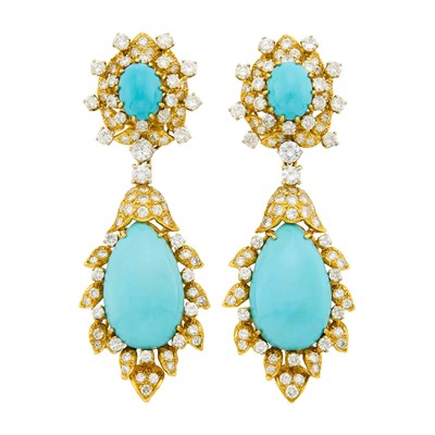 Lot 127 - Pair of Gold, Low Karat White Gold, Turquoise and Diamond Pendant-Earclips