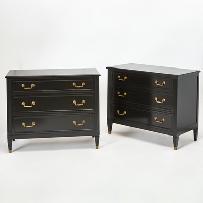 Lot 259 - Pair of Louis XVI Style Black Painted Wood Chests of Drawers